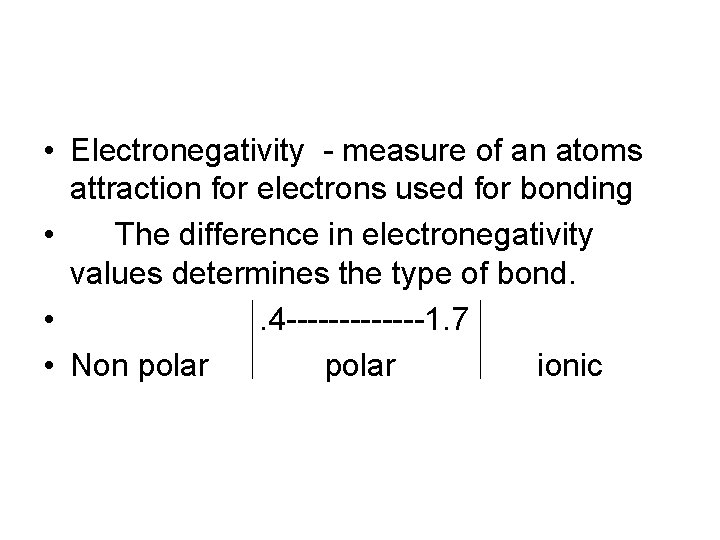  • Electronegativity - measure of an atoms attraction for electrons used for bonding