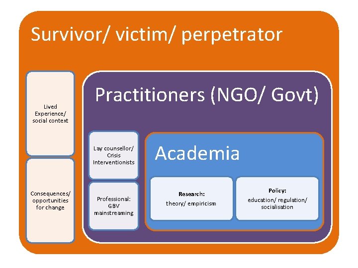 Survivor/ victim/ perpetrator Lived Experience/ social context Practitioners (NGO/ Govt) Lay counsellor/ Crisis Interventionists