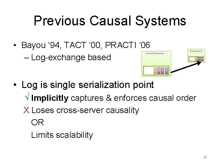 Previous Causal Systems • Bayou ‘ 94, TACT ‘ 00, PRACTI ‘ 06 –