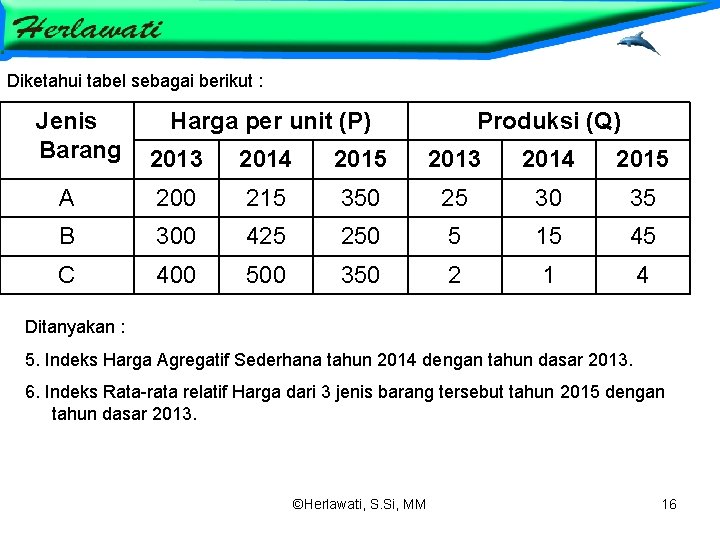Diketahui tabel sebagai berikut : Jenis Barang Harga per unit (P) Produksi (Q) 2013