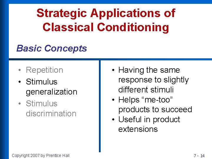 Strategic Applications of Classical Conditioning Basic Concepts • Repetition • Stimulus generalization • Stimulus