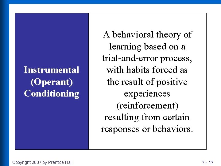 Instrumental (Operant) Conditioning Copyright 2007 by Prentice Hall A behavioral theory of learning based
