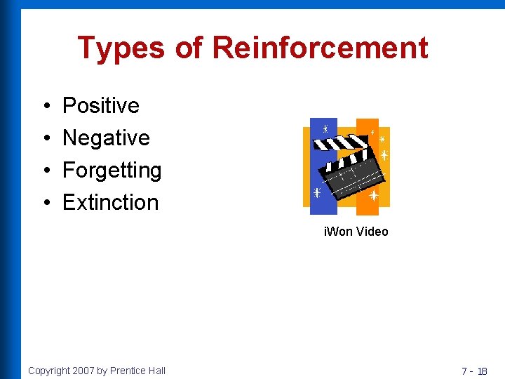 Types of Reinforcement • • Positive Negative Forgetting Extinction i. Won Video Copyright 2007
