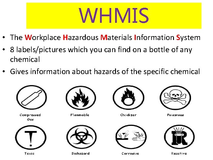 WHMIS • The Workplace Hazardous Materials Information System • 8 labels/pictures which you can