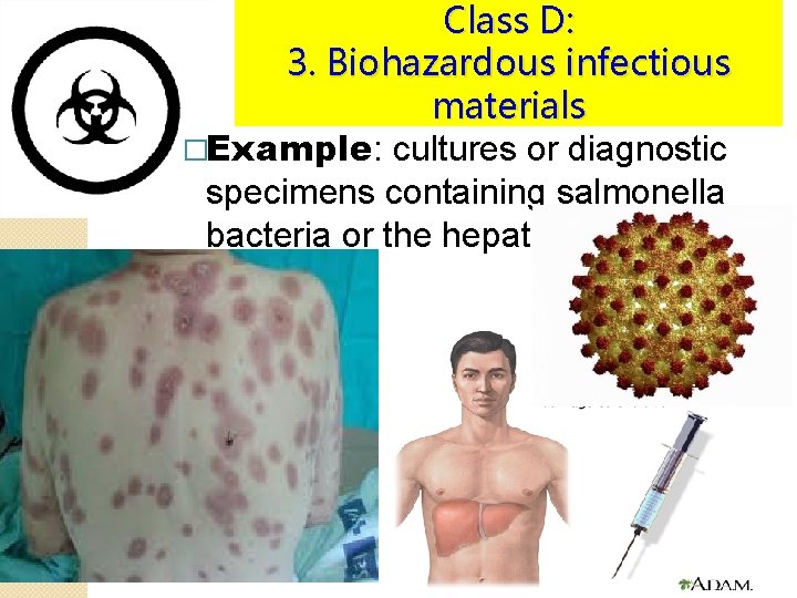 Class D: 3. Biohazardous infectious materials �Example: cultures or diagnostic specimens containing salmonella bacteria