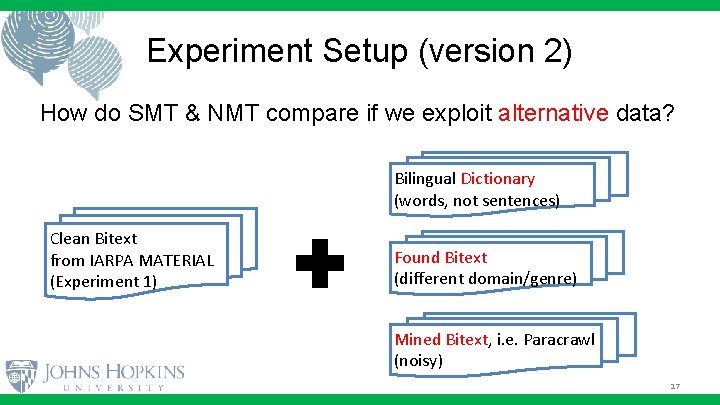 Experiment Setup (version 2) How do SMT & NMT compare if we exploit alternative