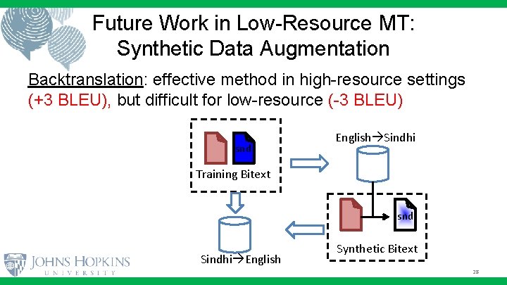 Future Work in Low-Resource MT: Synthetic Data Augmentation Backtranslation: effective method in high-resource settings