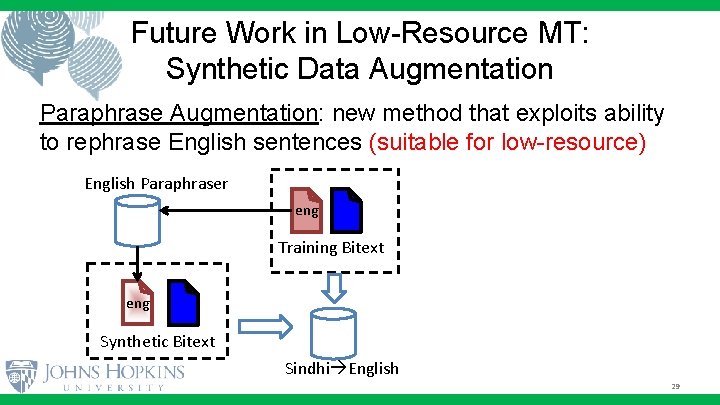 Future Work in Low-Resource MT: Synthetic Data Augmentation Paraphrase Augmentation: new method that exploits