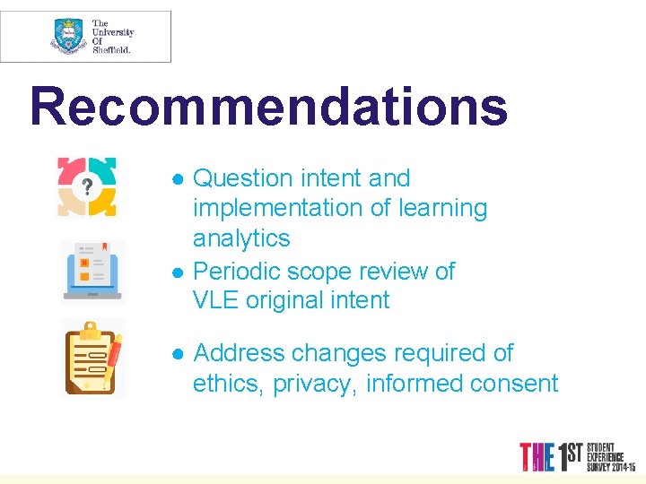 Recommendations ● Question intent and implementation of learning analytics ● Periodic scope review of