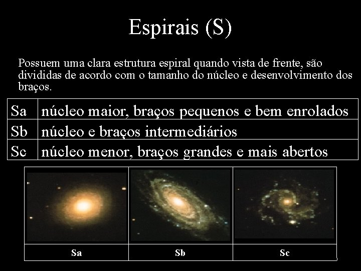 Espirais (S) • Possuem uma clara estrutura espiral quando vista de frente, são divididas