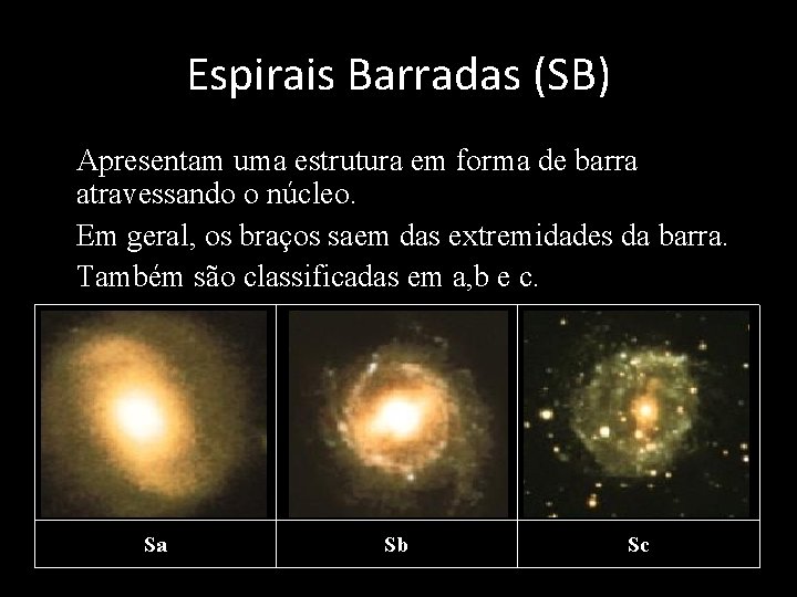 Espirais Barradas (SB) • Apresentam uma estrutura em forma de barra atravessando o núcleo.