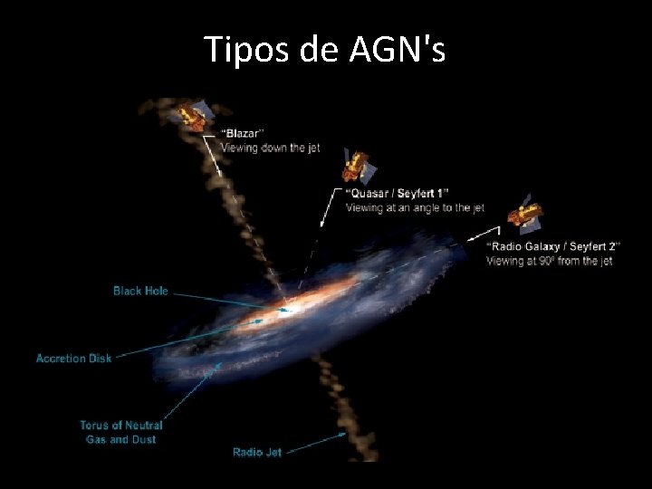 Tipos de AGN's Radio-Galáxias Quasares Blazares BL Lacertae OVV Seyfert • A Teoria mais