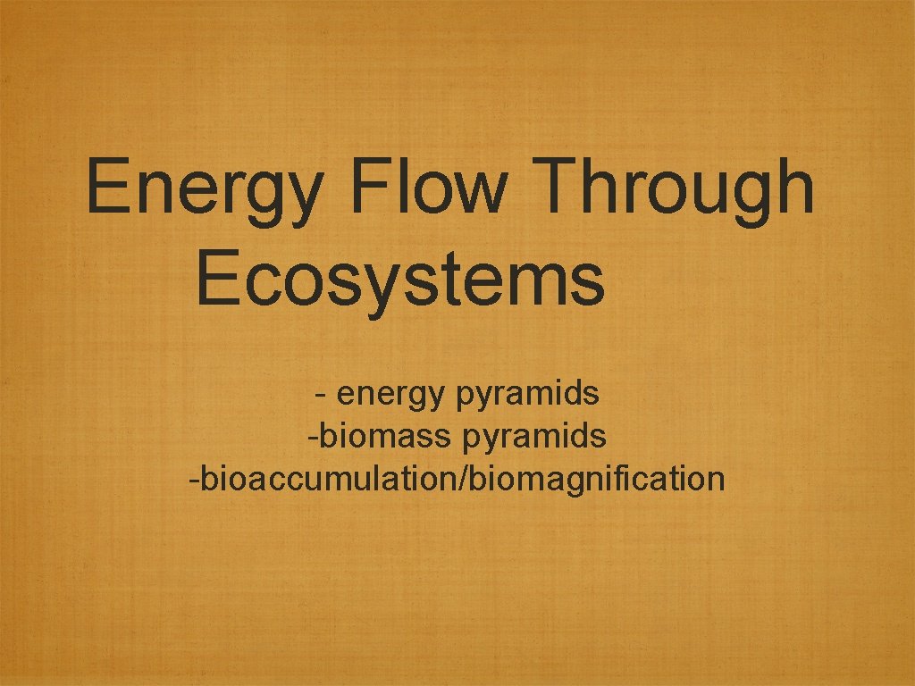 Energy Flow Through Ecosystems - energy pyramids -biomass pyramids -bioaccumulation/biomagnification 