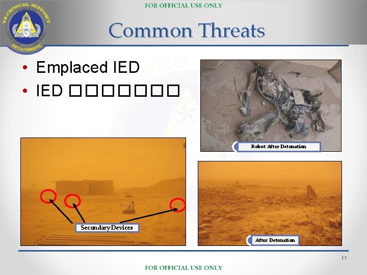 Common Threats • Emplaced IED • IED ������� Robot After Detonation Secondary Devices After