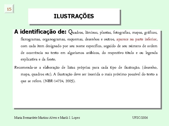 15 ILUSTRAÇÕES A identificação de: Quadros, uadro lâminas, plantas, fotografias, mapas, gráficos, fluxogramas, organogramas,