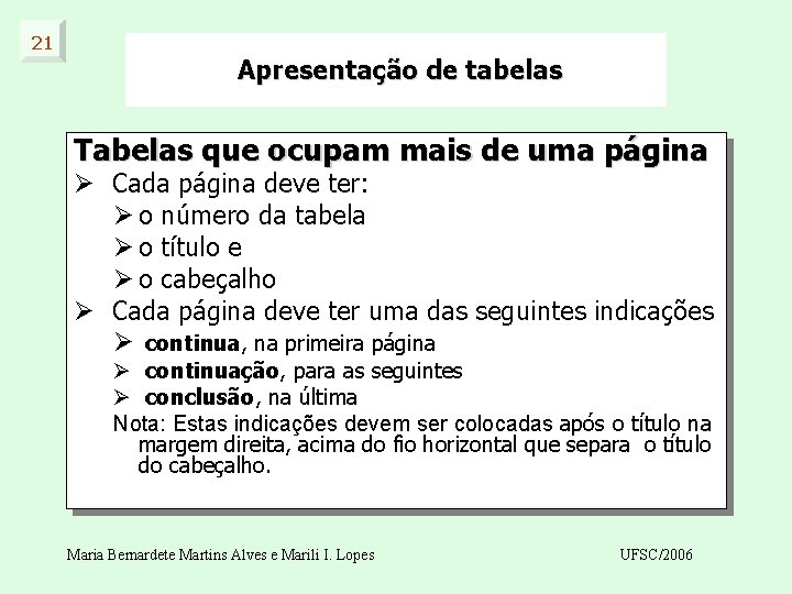 21 Apresentação de tabelas Tabelas que ocupam mais de uma página Ø Cada página