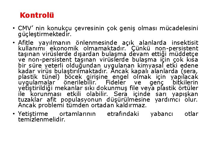 Kontrolü • CMV’ nin konukçu çevresinin çok geniş olması mücadelesini güçleştirmektedir. • Afitle yayılmanın