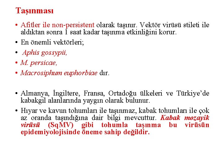 Taşınması • Afitler ile non-persistent olarak taşınır. Vektör virüsü stileti ile aldıktan sonra 1