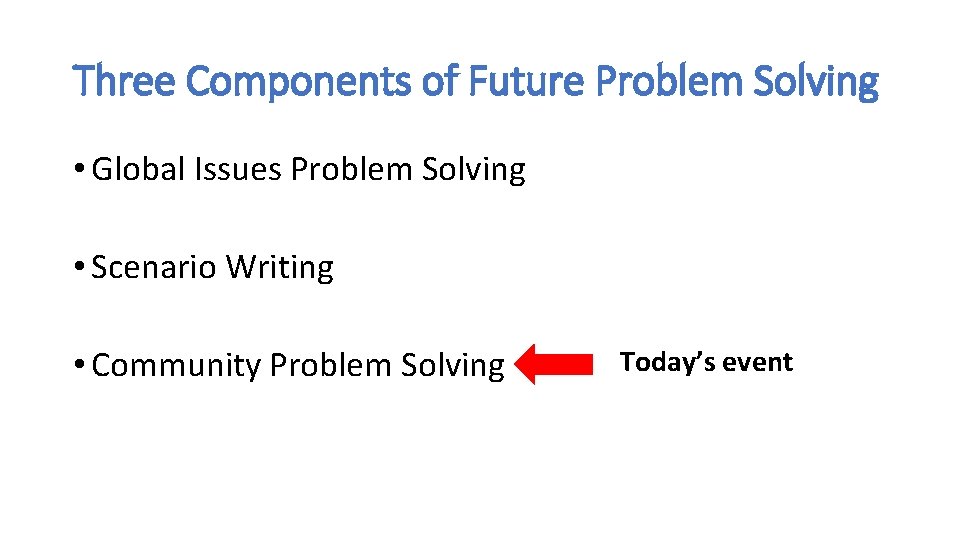 Three Components of Future Problem Solving • Global Issues Problem Solving • Scenario Writing