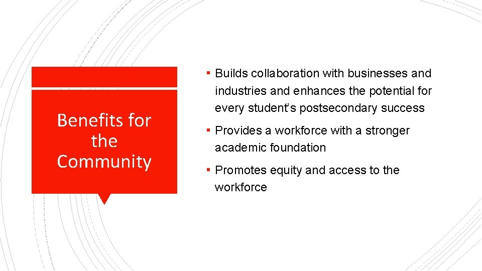 ▪ Builds collaboration with businesses and Benefits for the Community industries and enhances the