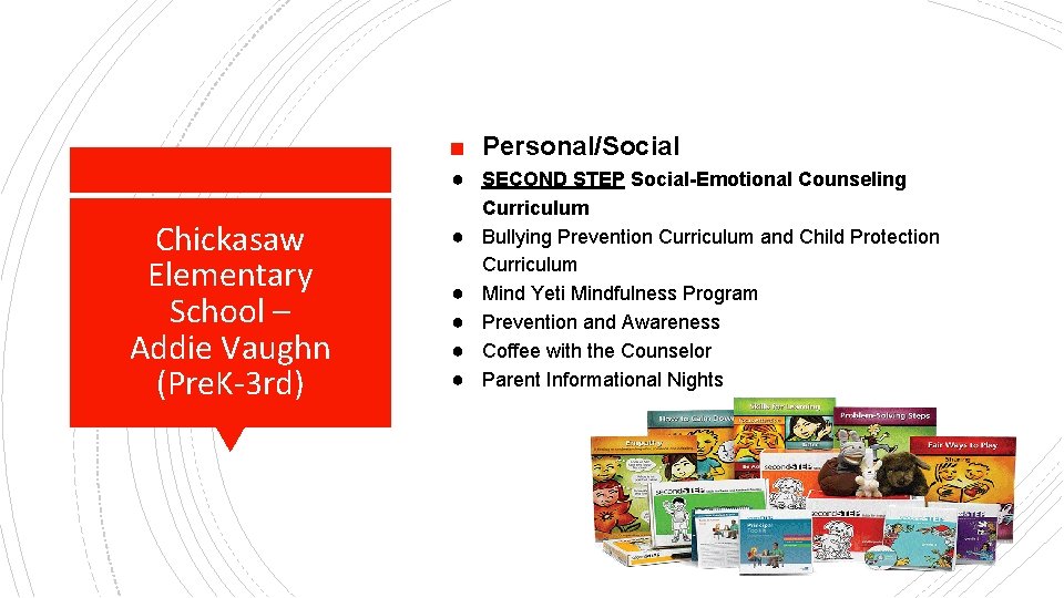 ■ Personal/Social ● SECOND STEP Social-Emotional Counseling Chickasaw Elementary School – Addie Vaughn (Pre.