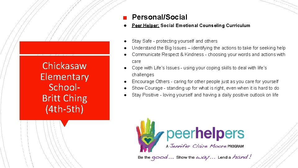 ■ Personal/Social ● Peer Helper: Social Emotional Counseling Curriculum ● ● ● Chickasaw Elementary