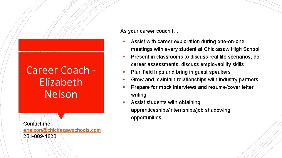 As your career coach I… ▪ ▪ Career Coach Elizabeth Nelson Contact me: enelson@chickasawschools.