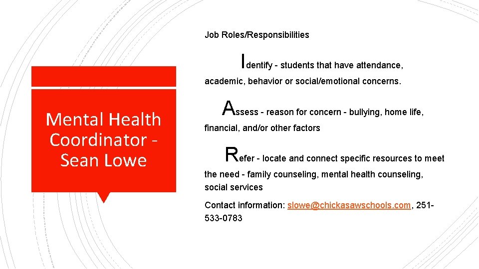 Job Roles/Responsibilities Identify - students that have attendance, academic, behavior or social/emotional concerns. Mental