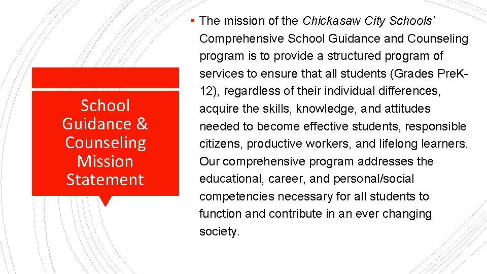 ▪ The mission of the Chickasaw City Schools’ School Guidance & Counseling Mission Statement