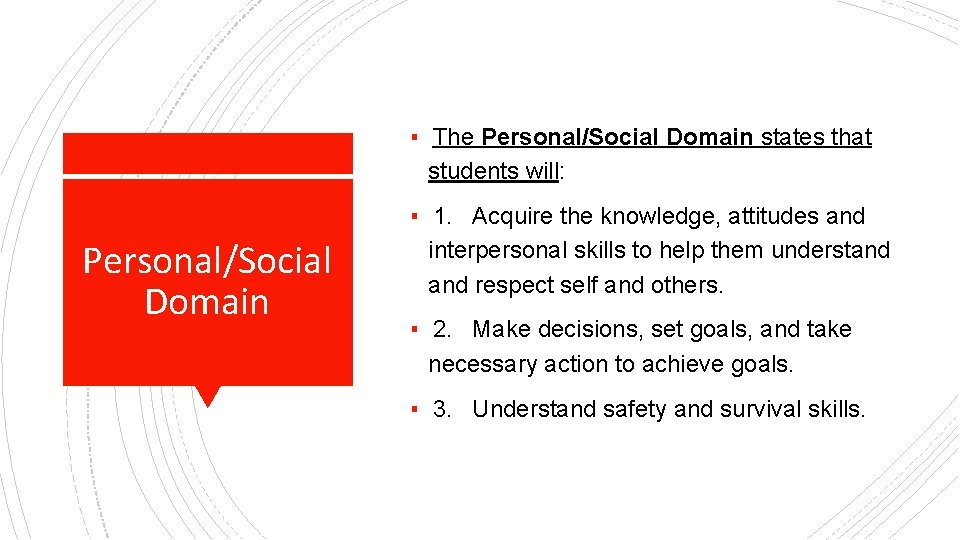 ▪ The Personal/Social Domain states that students will: Personal/Social Domain ▪ 1. Acquire the