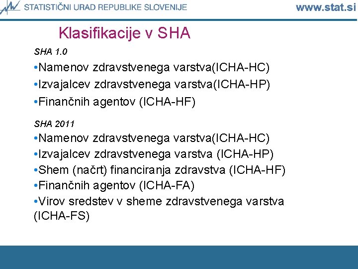 Klasifikacije v SHA 1. 0 • Namenov zdravstvenega varstva(ICHA-HC) • Izvajalcev zdravstvenega varstva(ICHA-HP) •