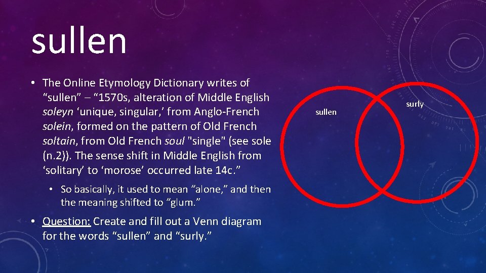 sullen • The Online Etymology Dictionary writes of “sullen” – “ 1570 s, alteration