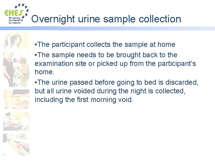 Overnight urine sample collection • The participant collects the sample at home • The