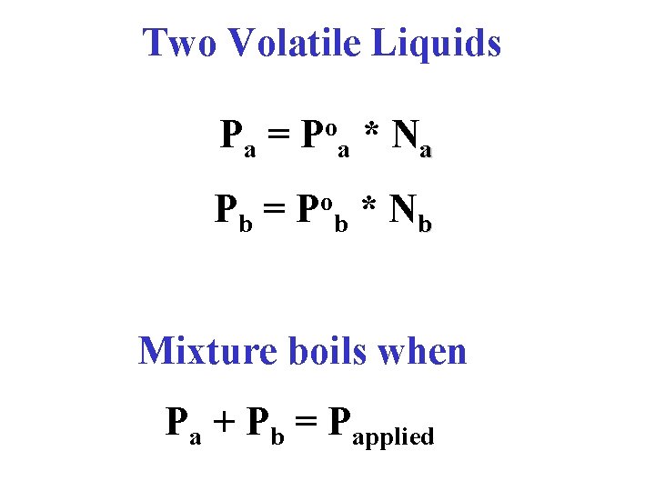 Two Volatile Liquids P a = P oa * N a Pb = o