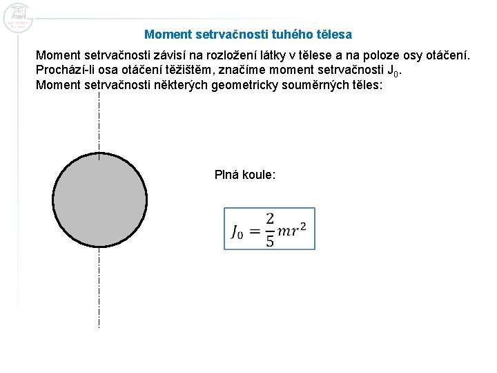 Moment setrvačnosti tuhého tělesa Moment setrvačnosti závisí na rozložení látky v tělese a na