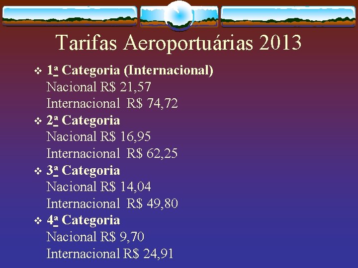 Tarifas Aeroportuárias 2013 1 a Categoria (Internacional) Nacional R$ 21, 57 Internacional R$ 74,