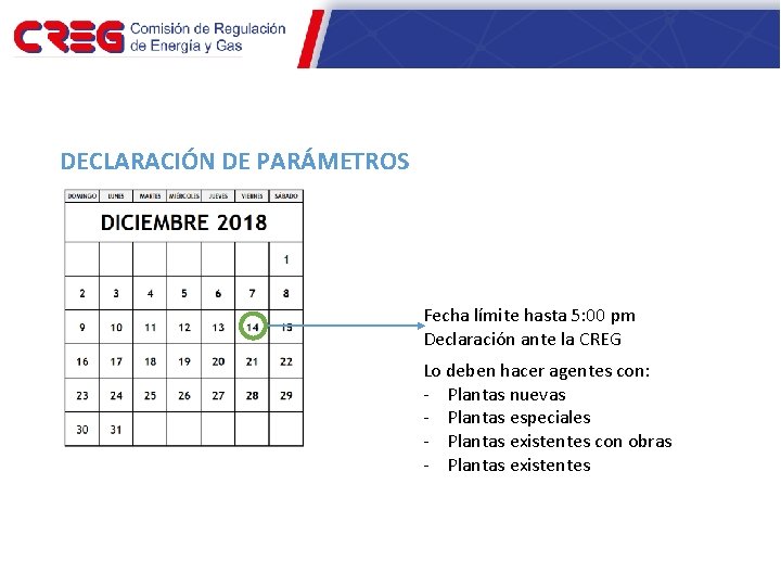 DECLARACIÓN DE PARÁMETROS Fecha límite hasta 5: 00 pm Declaración ante la CREG Lo