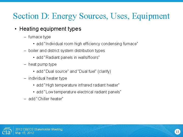 Section D: Energy Sources, Uses, Equipment • Heating equipment types – furnace type •