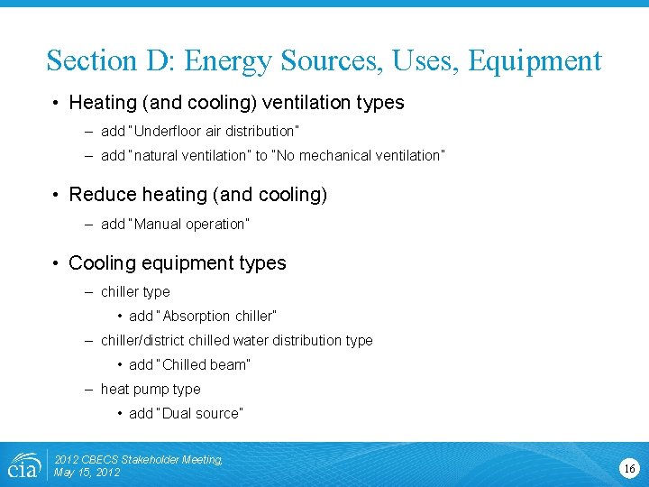 Section D: Energy Sources, Uses, Equipment • Heating (and cooling) ventilation types – add