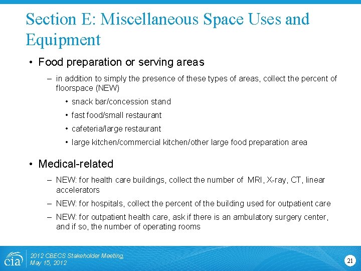 Section E: Miscellaneous Space Uses and Equipment • Food preparation or serving areas –