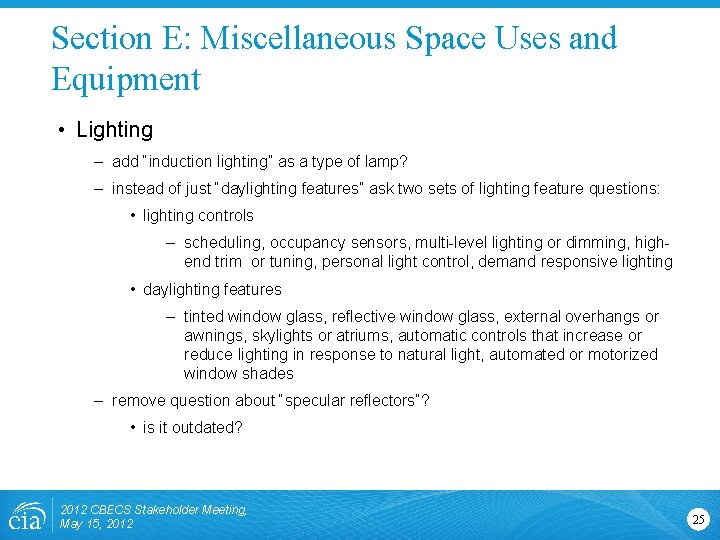 Section E: Miscellaneous Space Uses and Equipment • Lighting – add “induction lighting” as