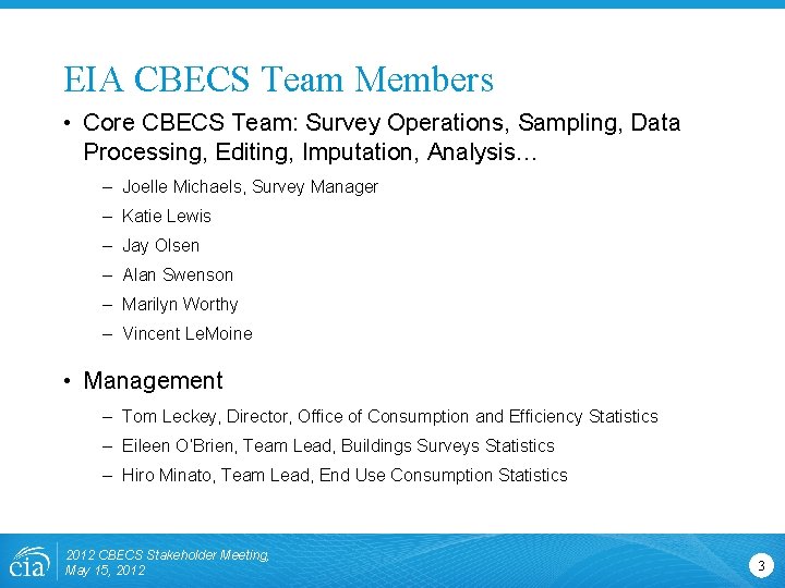 EIA CBECS Team Members • Core CBECS Team: Survey Operations, Sampling, Data Processing, Editing,