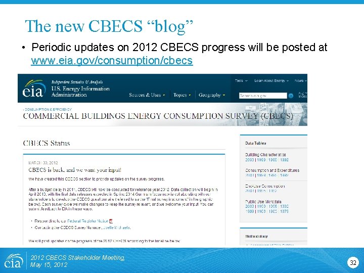 The new CBECS “blog” • Periodic updates on 2012 CBECS progress will be posted