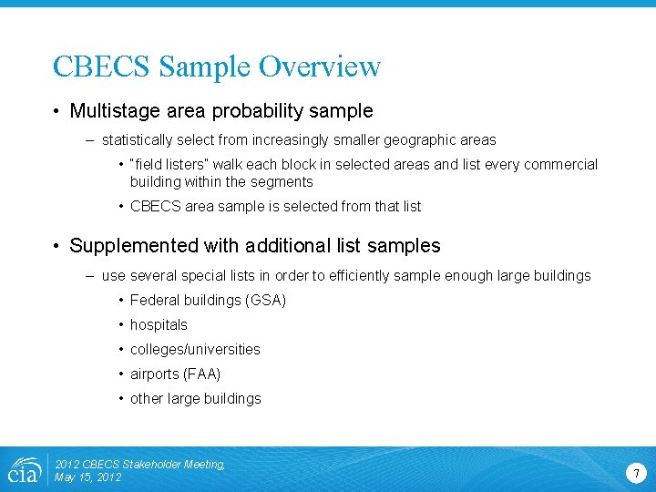 CBECS Sample Overview • Multistage area probability sample – statistically select from increasingly smaller