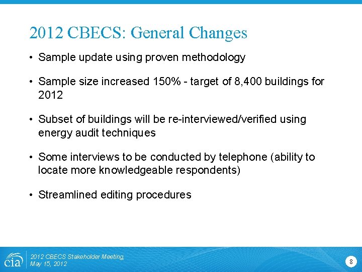 2012 CBECS: General Changes • Sample update using proven methodology • Sample size increased