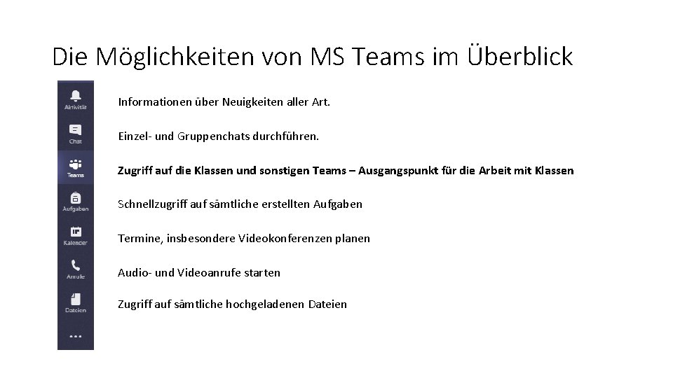 Die Möglichkeiten von MS Teams im Überblick Informationen über Neuigkeiten aller Art. Einzel- und