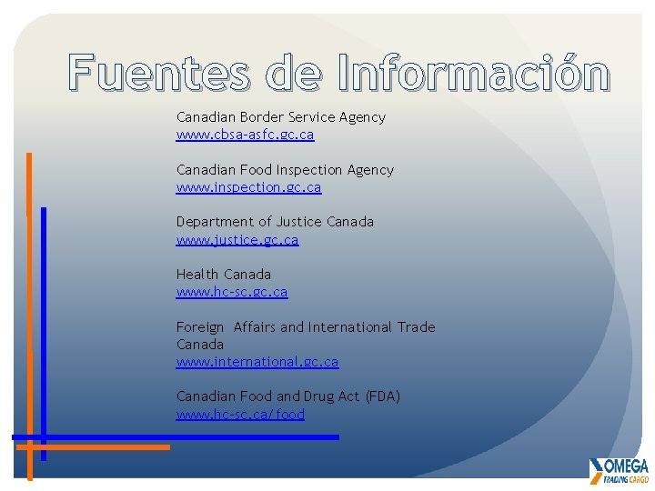 Fuentes de Información Canadian Border Service Agency www. cbsa-asfc. gc. ca Canadian Food Inspection