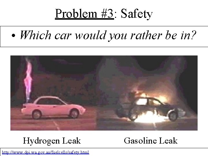 Problem #3: Safety • Which car would you rather be in? Hydrogen Leak http: