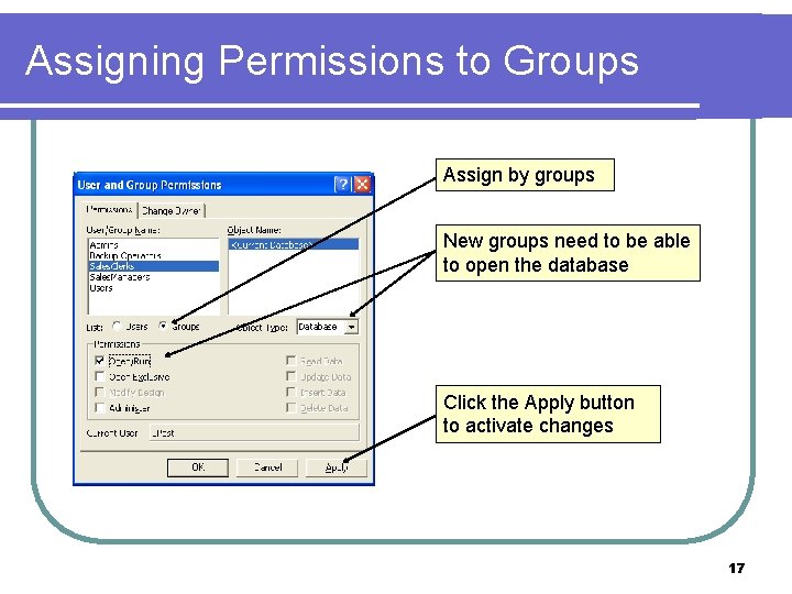 Assigning Permissions to Groups Assign by groups New groups need to be able to