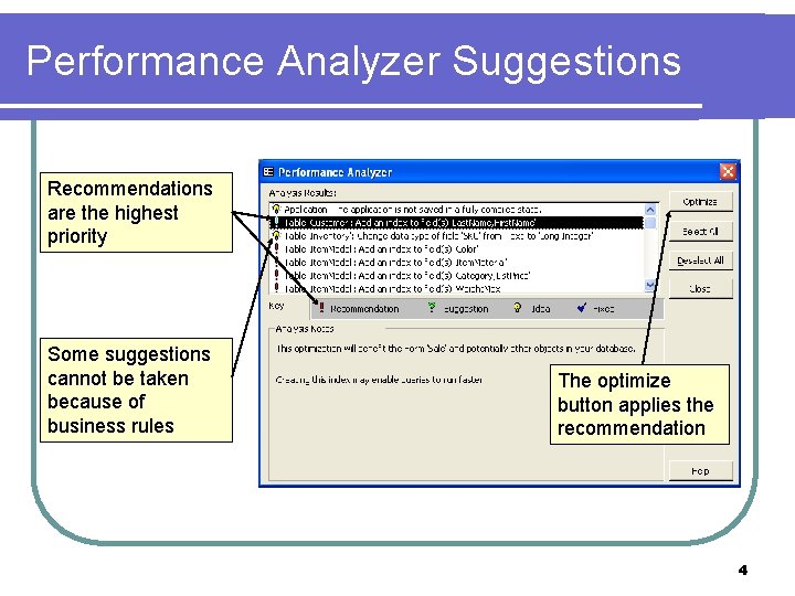 Performance Analyzer Suggestions Recommendations are the highest priority Some suggestions cannot be taken because